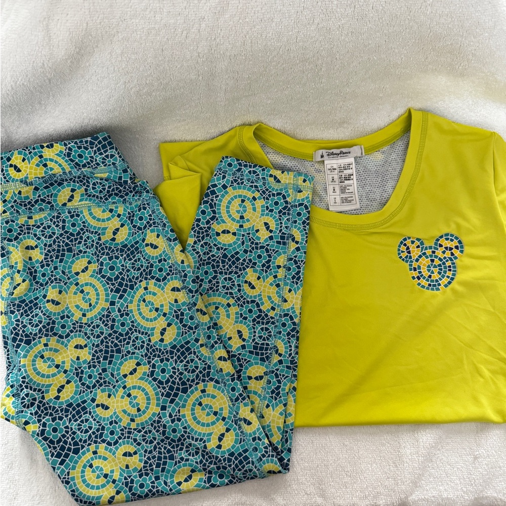 Disney Parks Activewear set Neon Yellow and Teal Mosaic Mickey XS/S